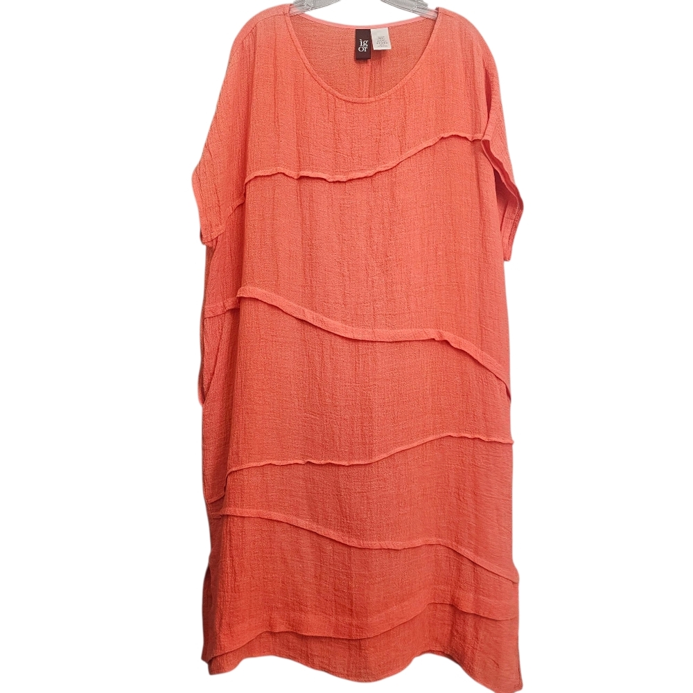 IgOr Haljina Viviana Vibrant Coral Linen Asymetrical, Slits,Pocket Shift Dress